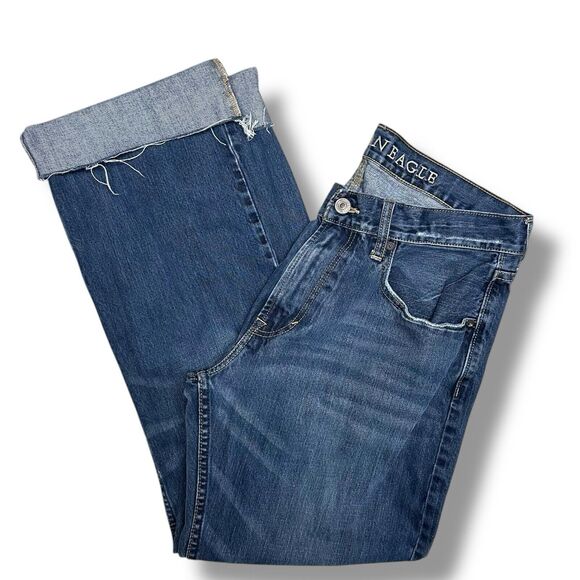American Eagle Jeans Mens 34 x 32 Mid Rise Boot Cut Blue Cotton Denim Distressed - Picture 14 of 14